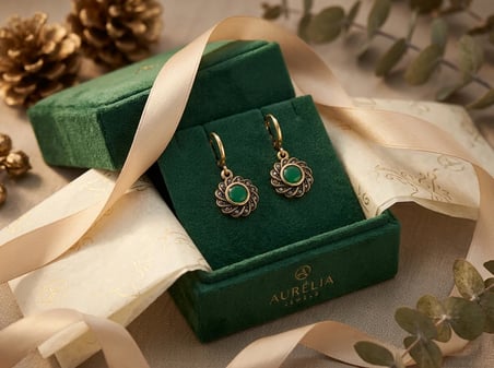 Bronz Küpe Otantik Takı Yeşil Zümrüt Kristal Taşı Yuvarlak Sarmal Yuvarlak Model Vintage Kadın Küpe