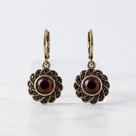 Bronz Küpe Otantik Takı Kırmızı Yakut Kristal Taşı Yuvarlak Sarmal Yuvarlak Model Vintage Kadın Küpe