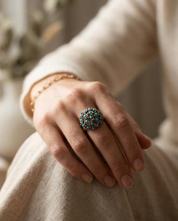 Bronz Yüzük Otantik Takı TurkuazTaş Topaz Model Ayarlanabilir Vintage Kadın Yüzük