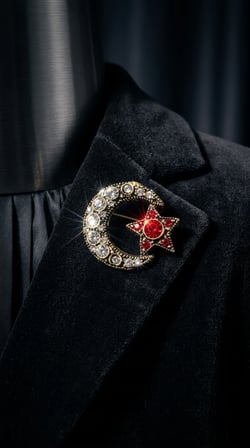 Bronz Broş Yakalık Otantik Takı Ay Yıldız Kristal Taş Kırmızı Küçük Boy Kadın Yaka İğnesi