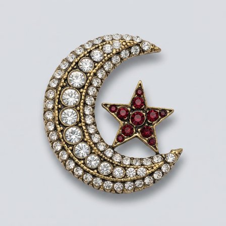 Bronz Broş Yakalık Otantik Takı Kırmızı Ay Yıldız 3 Sıra Kristal İşlemeli Büyük Boy Kadın Yaka İğnesi