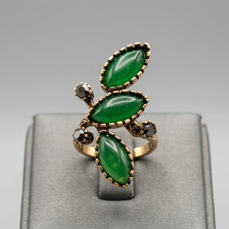 Bronz Vintage Kadın Yüzük Otantik Yeşil Renk Yaprak Model Önden Ayarlanabilir