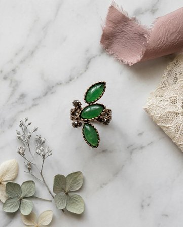 Bronz Vintage Kadın Yüzük Otantik Yeşil Renk Yaprak Model Önden Ayarlanabilir