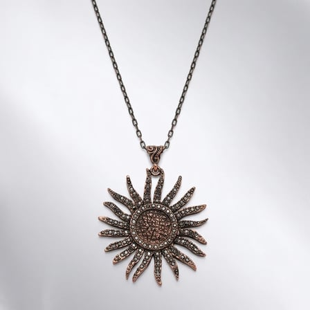 Bronz Vintage Uzun Zincir Kadın Kolye Otantik Takı Margazit İşli Güneş Model Madalyon 