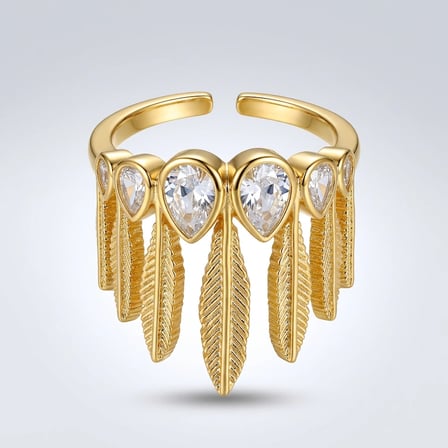 Vip Çelik Vintage Kadın Yüzük 14K Altın Kaplama Gold Renk Kuş Tüyü Model Zirkon Taş Ayarlanabilir 