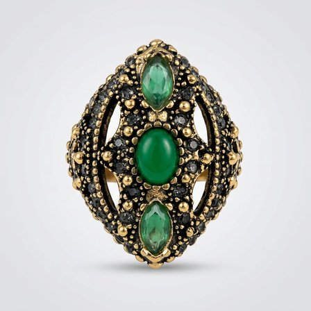 Bronz Vintage Kadın Yüzük Otantik Bakır Takı Yeşil Kristal Taş 3 Damla Ottoman Model Ayarlanabilir 