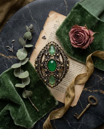 Bronz Vintage Kadın Yüzük Otantik Bakır Takı Yeşil Kristal Taş 3 Damla Ottoman Model Ayarlanabilir 