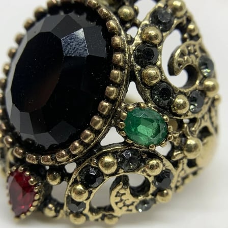 Bronz Vintage Kadın Yüzük Otantik Bakır Takı Siyah Kristal Taş Renkli Ottoman Model  Ayarlanabilir 