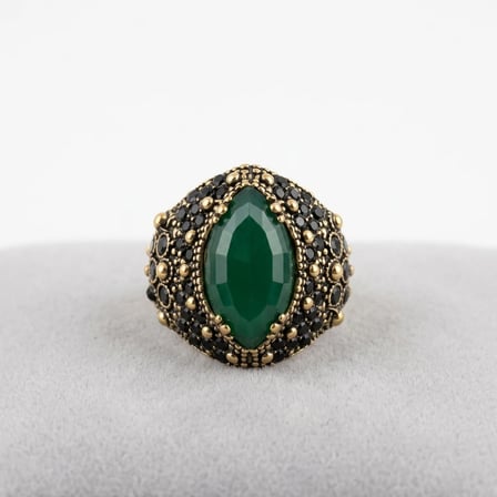 Bronz Vintage Kadın Yüzük Otantik Bakır Yeşil Kristal Taş Zirkon İşli Kedi Gözü Model Ayarlanabilir 