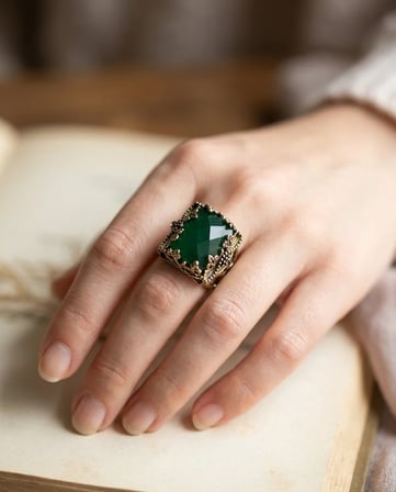 Bronz Vintage Kadın Yüzük Otantik Bakır Takı Yeşil Kristal Taş Ottoman Model  Büyük Ayarlanabilir 