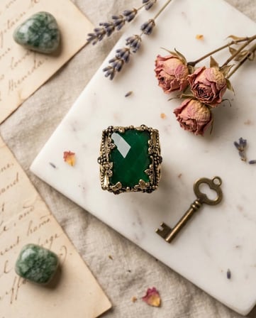 Bronz Vintage Kadın Yüzük Otantik Bakır Takı Yeşil Kristal Taş Ottoman Model  Büyük Ayarlanabilir 