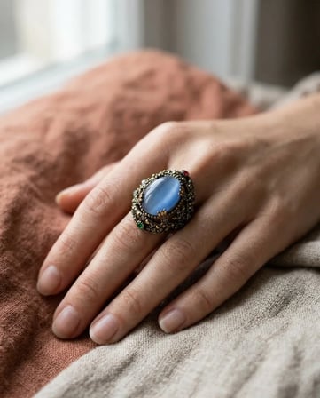 Bronz Vintage Kadın Yüzük Otantik Bakır Takı Gök Mavi Kristal Taş Zirkon İşli Oval Sultans Ayarlanabilir 