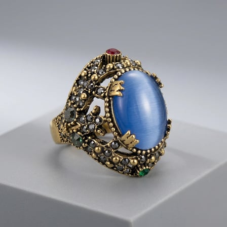 Bronz Vintage Kadın Yüzük Otantik Bakır Takı Gök Mavi Kristal Taş Zirkon İşli Oval Sultans Ayarlanabilir 
