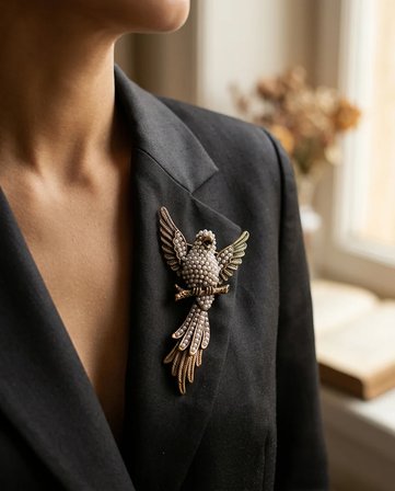 Bronz Broş Yakalık Minik İnci İşlemeli Kuş Model Vintage Kadın Takı