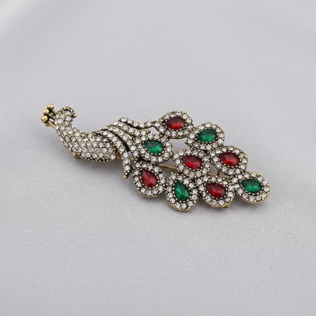 Bronz Broş Yakalık Zirkon İşlemeli Kırmızı Yeşil TavusKuşu Model Vintage Kadın Takı