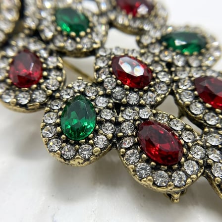 Bronz Broş Yakalık Zirkon İşlemeli Kırmızı Yeşil TavusKuşu Model Vintage Kadın Takı