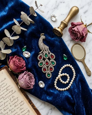 Bronz Broş Yakalık Zirkon İşlemeli Kırmızı Yeşil TavusKuşu Model Vintage Kadın Takı
