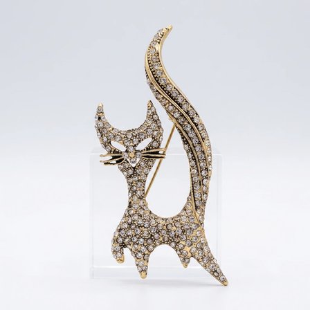 Bronz Broş Yakalık Zirkon İşlemeli Kedi Model Vintage Kadın Takı Siyah