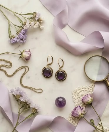 Bronz Vintage Kadın Küpe Otantik Bakır Takı Mor Kristal Taş Yuvarlak Kesim 