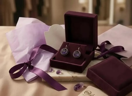 Bronz Vintage Kadın Küpe Otantik Bakır Takı Mor Kristal Taş Yuvarlak Kesim 