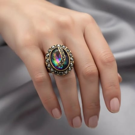 Bronz Vintage Kadın Yüzük Otantik Bakır Takı Margazit İşli  Mistik Topaz Taşı Oval Model Ayarlanabilir 