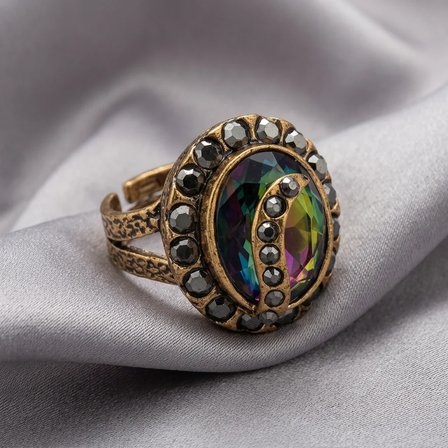 Bronz Vintage Kadın Yüzük Otantik Bakır Takı Margazit İşli  Mistik Topaz Taşı Oval Model Ayarlanabilir 
