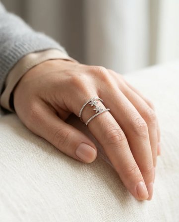 Pirinç Vip Kadın Yüzük Gümüş Renk Takı Zirkon İşli Kar Tanesi Ayarlanabilir Eklem Yüzüğü