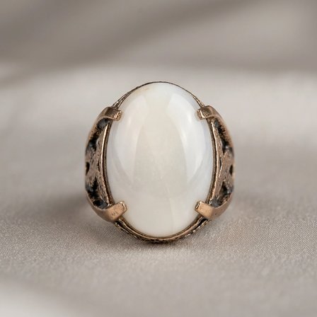 Bronz Vintage Kadın Yüzük Otantik Bakır Takı Büyük Beyaz Taş Oval Ayarlanabilir 