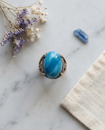 Bronz Vintage Kadın Yüzük Otantik Bakır Takı Büyük Mavi Taş Oval Ayarlanabilir 