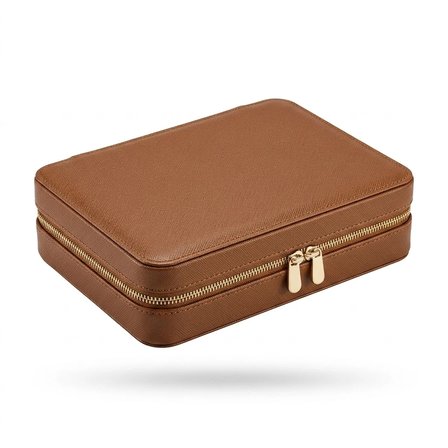 Takı Kutusu Düzenleyici Seyahat Çantası Kolye Yüzük Küpe Organizer Deri Kahverengi 22cmx17cm