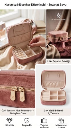 Takı Kutusu Düzenleyici Seyahat Çantası Kolye Yüzük Küpe Organizer Kadife Pembe 12cmx8cm
