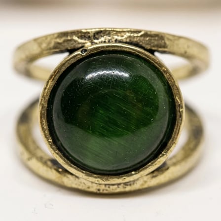 Bronz Kadın Yüzük Otantik Pirinç Kaplama Yuvarlak Yeşil Kedi Gözü Taşı Ayarlanabilir Vintage