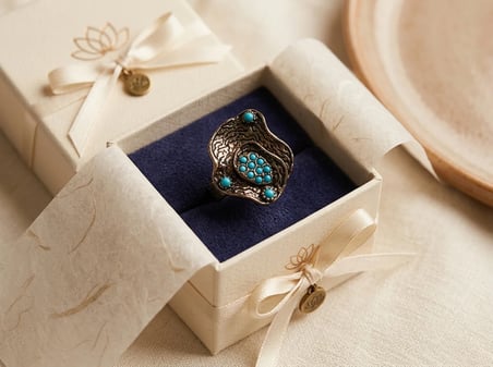 Bronz Kadın Yüzük Otantik Bakır Turkuaz Taşlı Plaka Model Ayarlanabilir Vintage