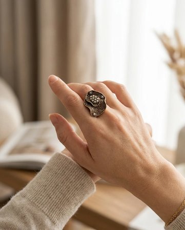 Bronz Kadın Yüzük Otantik Bakır İncili Plaka Model Ayarlanabilir Vintage