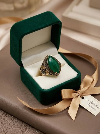 Bronz Yüzük Otantik Bakır Takı Yeşil Kristal Taşlı Damla Model Çiçekli Ayarlanabilir Vintage Kadın Yüzük