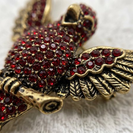 Bronz Kadın Broş Otantik Bakır Takı Yaka İğnesi Kırmızı Zirkon İşli Anka Kuşu Vintage