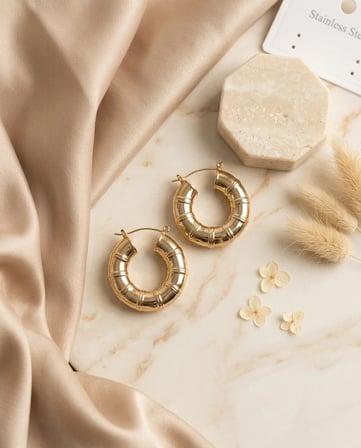 Kadın Küpe 316L Çelik Gold Renk Bambu Model Halka Takı Aksesuar
