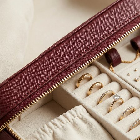 Takı Kutusu Düzenleyici Seyahat Çantası Kolye Yüzük Küpe Organizer Deri Bordo 22cmx17cm