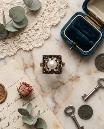 İnci Detaylı Kare Otantik Bronz Vintage Ayarlanabilir Kadın Yüzük Tasarım Takı