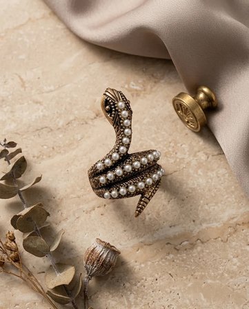 İnci Detaylı Yılan Figürlü Otantik Bronz Vintage Ayarlanabilir Kadın Yüzük Tasarım Takı