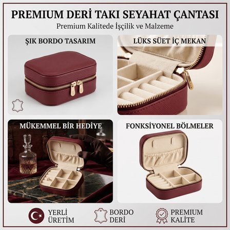 Takı Kutusu Düzenleyici Seyahat Çantası Kolye Yüzük Küpe Organizer Deri Bordo 12cmx8cm