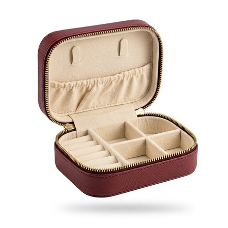 Takı Kutusu Düzenleyici Seyahat Çantası Kolye Yüzük Küpe Organizer Deri Bordo 12cmx8cm