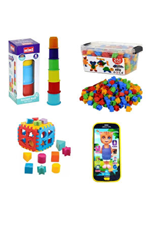 4lü Süper Oyuncak Seti !! Bultak - Sesli Telefon - Silindir Kule - 250 Parça Tiktak Lego !!