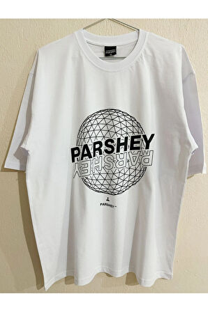 Dünya Desenli Beyaz Unisex %100 Pamuk Bisiklet Yaka Yarım Kollu Oversize T-shirt