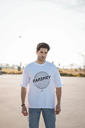 Dünya Desenli Beyaz Unisex %100 Pamuk Bisiklet Yaka Yarım Kollu Oversize T-shirt