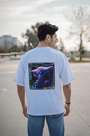 Robot Arka Desenli Bisiklet Yaka Yarım Kollu Beyaz Unisex Oversize T-shirt