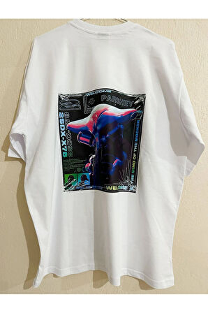 Robot Arka Desenli Bisiklet Yaka Yarım Kollu Beyaz Unisex Oversize T-shirt