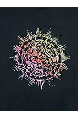 Unisex Yarım Kollu Bisiklet Yaka %100 Pamuk Rainbow Desenli Siyah Oversize T-shirt