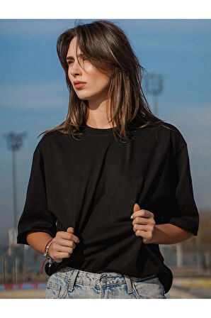 Oversize Unisex Siyah Yarım Kollu Bisiklet Yaka %100 Pamuk Baskısız T-shirt