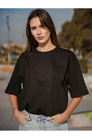 Oversize Unisex Siyah Yarım Kollu Bisiklet Yaka %100 Pamuk Baskısız T-shirt